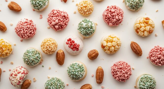 Multicolored nut dragee confections on a smooth white backdrop