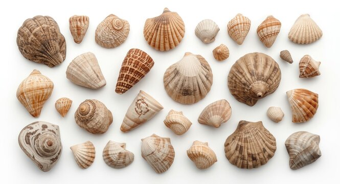 Group of diverse sea shells including cowries with textured surfaces set on white background