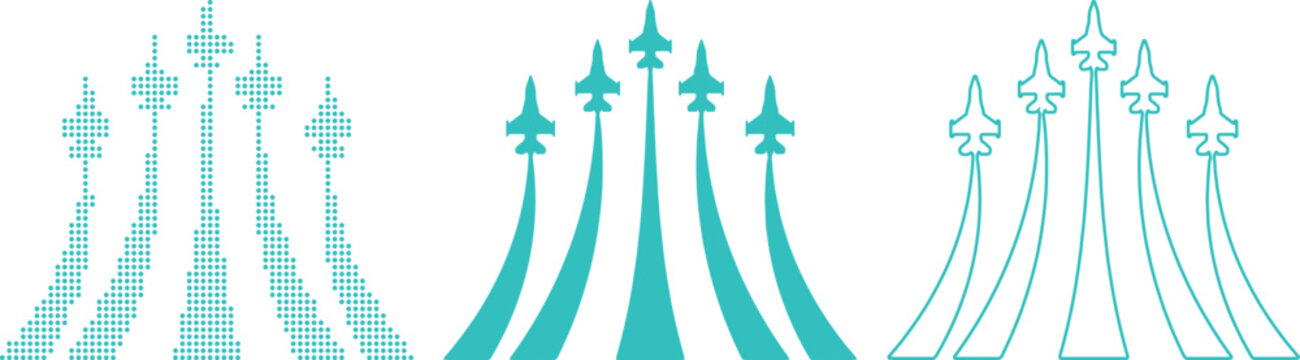 Fighter jets graphic representations in teal on white background airplanes aircraft