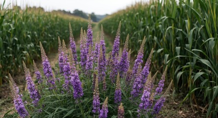 Obraz premium Purple floral plant flourishing alongside a field of corn crops