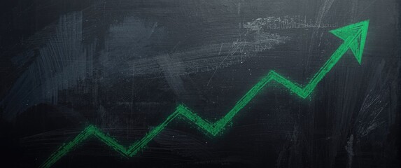 Dark background featuring a green chalk arrow indicating rising trend