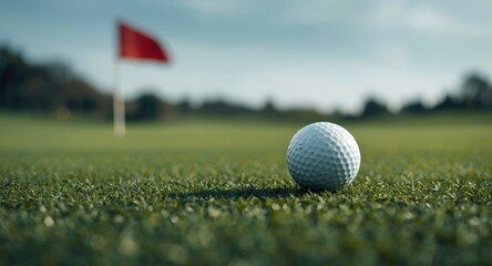 Obraz premium Focused golf ball on vibrant grass with flag waving in distance