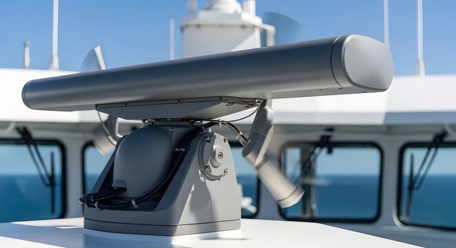 A large gray satellite dish antenna installed on a white boat deck overlooking the ocean