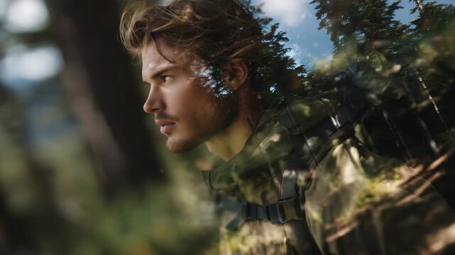 255Side-profile close-up of a man hiking merged with dense forest and tree branches, soft natural lighting, layered textures of leaves and bark, adventure and outdoors lifestyle compo