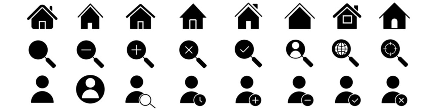 Home icon vector set. Home page Illustration sign collection. Search web icon set. user symbol collection.