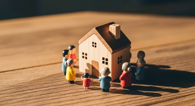 Family miniature figures surrounding a small toy home on wooden background