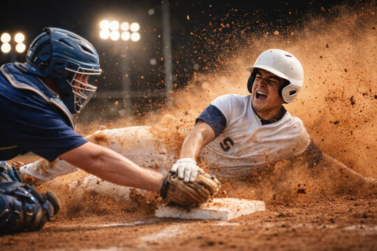 Dramatic Action Shot of Baseball Player Sliding into Base