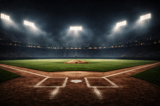 Empty Professional Baseball Stadium at Night Under Bright Floodlights