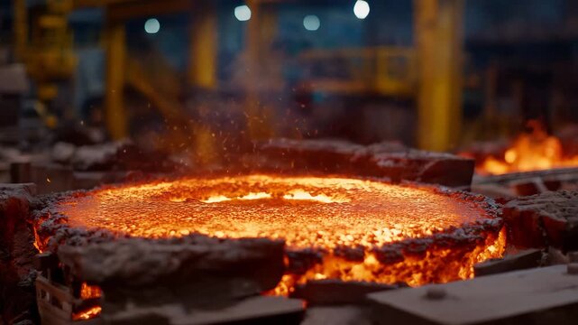 381Top-down close-up of glowing molten steel flowing into a metal mold, bright orange-red heat, sparks flying, reflective molten surface, industrial foundry environment, high-detail t