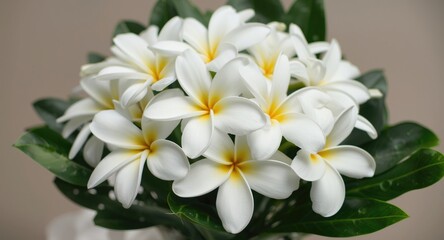 Obraz premium Freshly gathered white plumeria flowers in a handcrafted bouquet