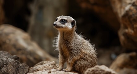 Fototapeta premium Focused meerkat alert in an enclosed habitat under observation