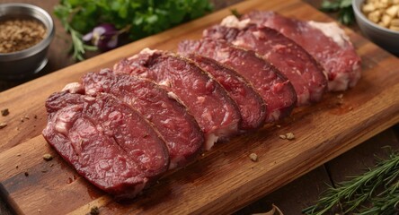 Fresh goat meat on wooden board surrounded by natural herbs and spices for farm to table meal