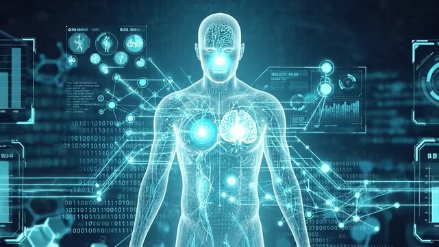 Human anatomy digital interface medical technology futuristic health data brain lungs glowing hologram network body digital hologram technology data science medical anatomy futuristic interface