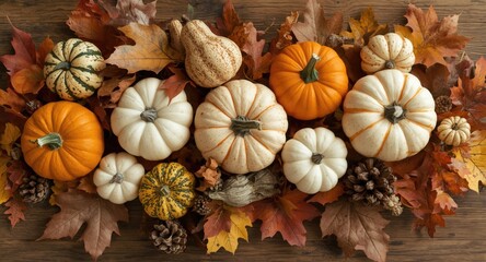 Rustic fall centerpiece arrangement of multiple pumpkins and gourds, surrounded by warm toned leaves on wooden table