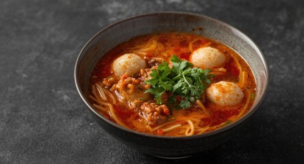 Fototapeta premium Asian Hot and Spicy Noodle Soup with Pork Mince and Fish Balls