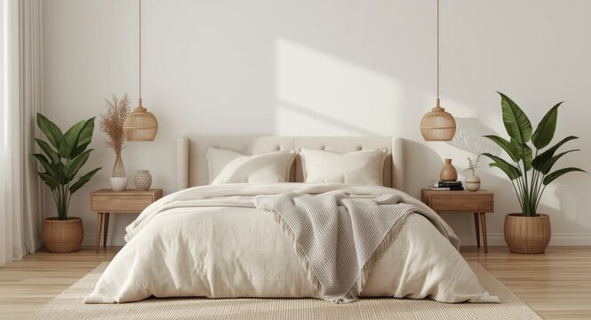 Serene bedroom atmosphere with natural plants and wooden bedside tables paired with a beige king size bed and pillows