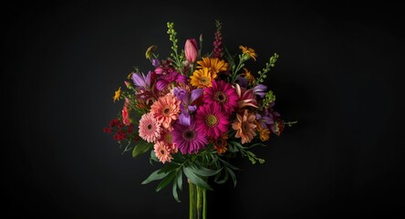 Fototapeta premium lively flower bunch with varied leaves on a smooth black backdrop