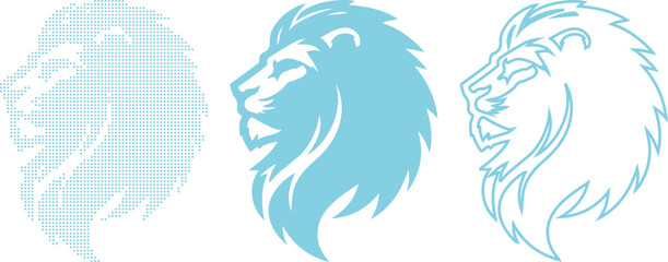 Fototapeta premium Three stylized light blue lion head designs on a white background Keywords: lion, head, profile, stylized, graphic