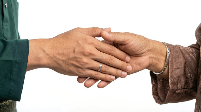 A close-up shot of two people engaging in a warm and respectful handshake, symbolizing connection, agreement, and traditional greetings during a cultural gathering