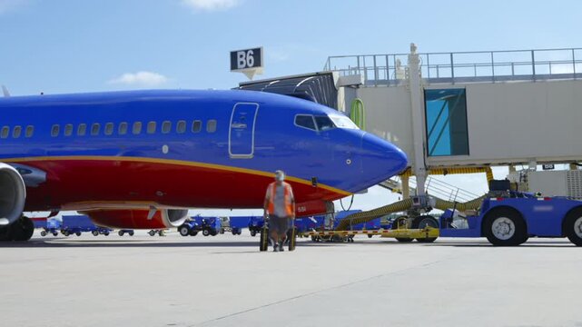 Blue And Red Passenger Jet At Airport Gate With Ground Crew Preparing For Boarding