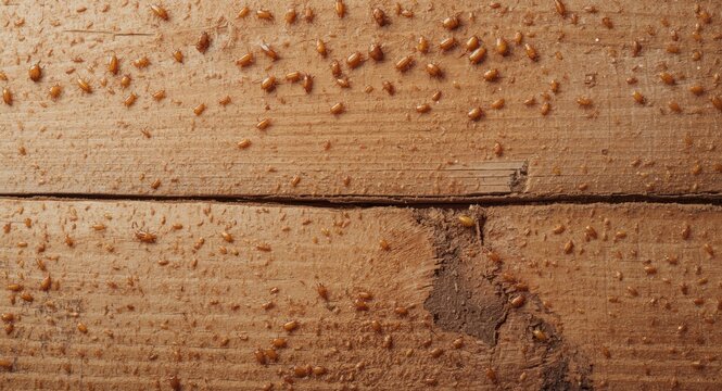 Intricate termite patterns on wood beam surface with white copy space ideal for pest control and home renovation