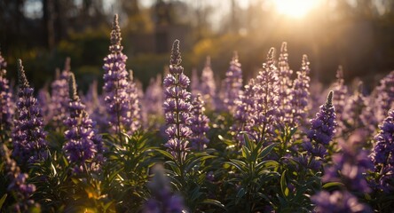 Obraz premium Garden alive with violet Inthanin blossoms under warm bright sunlight