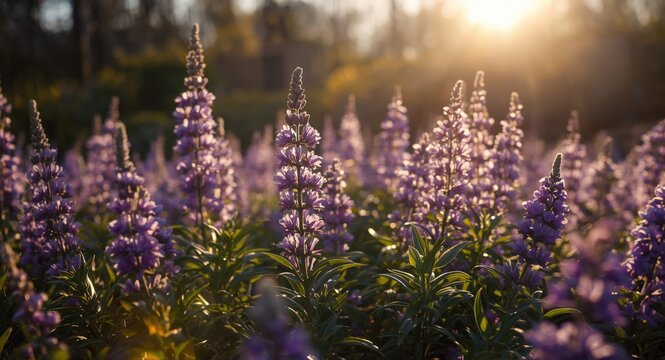Garden alive with violet Inthanin blossoms under warm bright sunlight