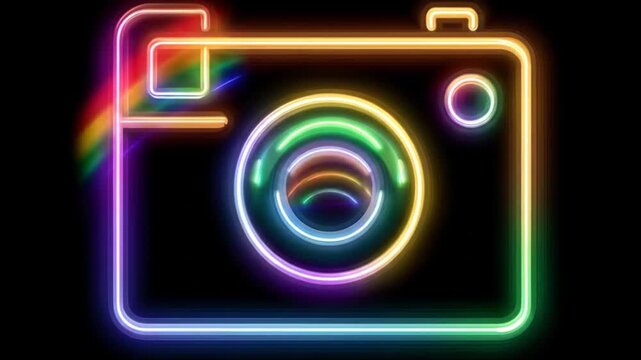 Neon camera symbol against black background for creative design