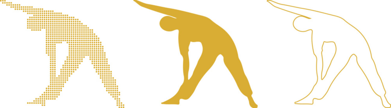 Yoga Pose Extended Triangle Pose Silhouette and Dotted Outline on White trikonasana vector