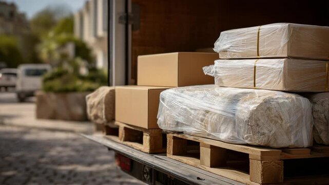 406Macro close-up of boxes and wrapped furniture stacked inside moving truck, textures of cardboard and white plastic visible, sunlight casting subtle shadows, residential street sett