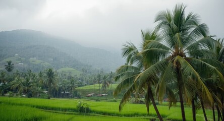 Obraz premium Monsoon rainfall highlighting coconut palms and thriving paddy lands