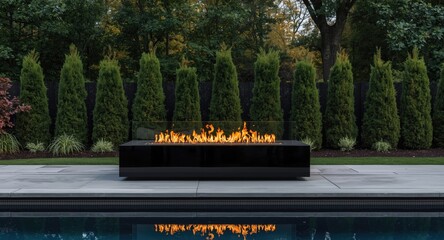 Fototapeta premium Sleek poolside gas fire setup featuring black glass surrounds ensuring continual warmth during every season