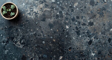 polished stone surface background accompanied by a pot and copy space