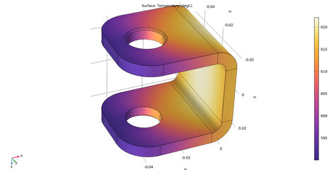 Metal bracket drawing. Computer technic 3d  modeling of steel mechanical part.  Thermal cad analysis. Investigation of temperature  distribution on surface of machine detail. Color graph of solids.  © TKalinovskaya