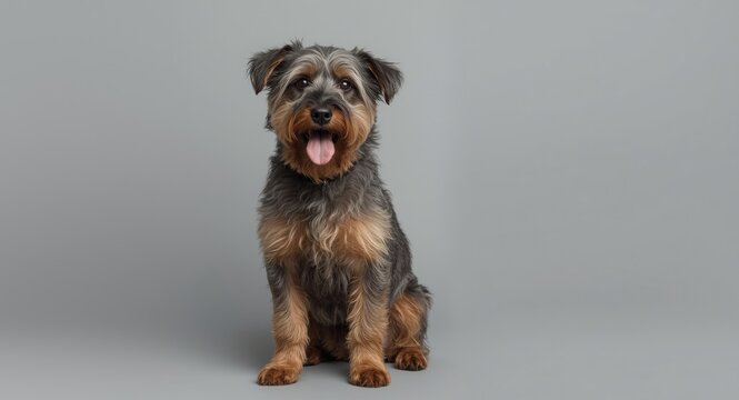 Cheerful Kurzhaar Drathaar dog posing calmly in studio with pet care and friendship theme plus copy space