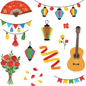 Spanish Feria de Abril Festival Elements Set with Flamenco Fan, Guitar, and Red Roses Illustration
