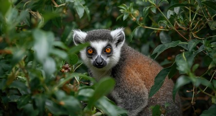 Fototapeta premium Natural camouflage of lemur with bright yellow eyes among lush wild green plants