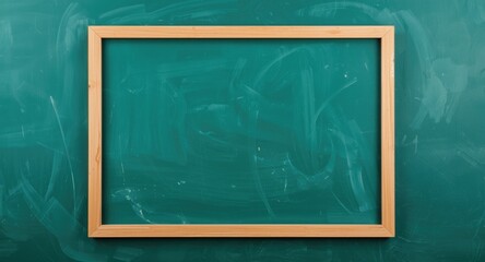 Fototapeta premium Rectangular frame resting on a vibrant green chalkboard with bright blue text