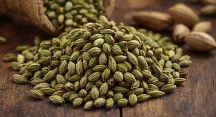 Obraz premium Close up of green cardamom seeds in a rustic setting