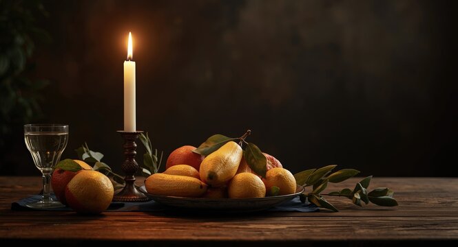 rustic table styled with a bright candle and natural fresh fruits