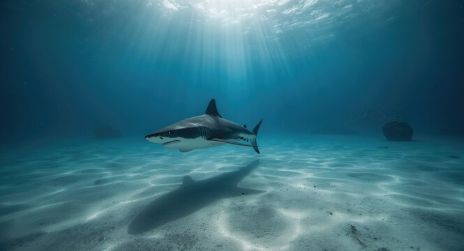Immersive marine scene showing a great white shark swimming close to the seabed