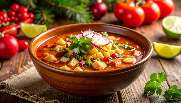 Hearty soup in a bowl, garnished with fresh herbs and vegetables