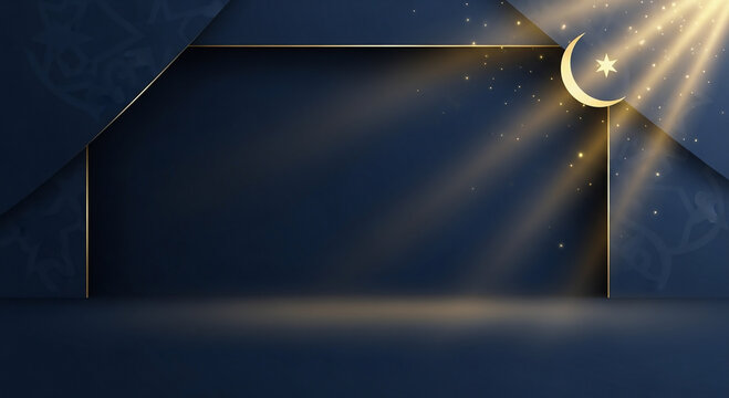 Luxurious dark blue background with golden crescent moon and star, radiant light rays, and elegant geometric patterns, ideal for Islamic celebrations and festive greetings