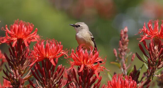Noisy honeyeater bird perched amidst radiant red erythrina flowers in springtime