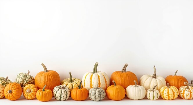 Group of pumpkins in diverse sizes along with orange and white colors displayed on a plain white background featuring characteristic shapes and texture