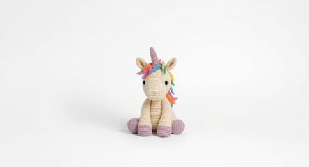 Fototapeta premium Fluffy crochet unicorn toy with detailed stitching on solid white background