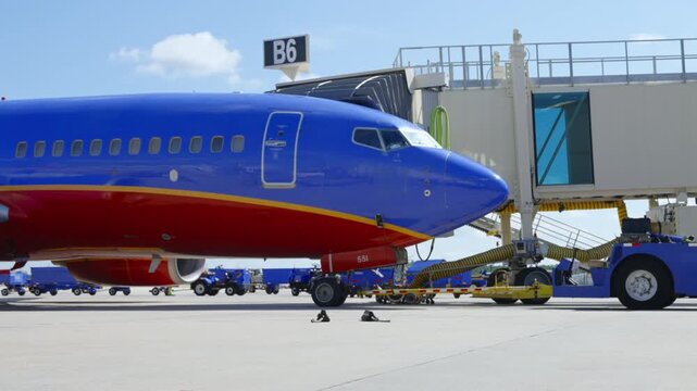 Blue And Red Passenger Jet At Airport Gate With Ground Crew Preparing For Boarding