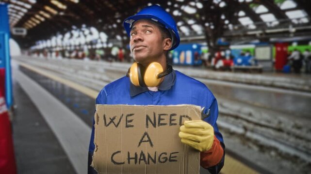 Man construction worker in blue coveralls and hardhat holds cardboard protest sign reading we need a change, grips wrench and wears yellow ear muffs and gloves in a building; solidarity.