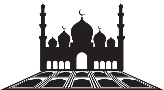 Black silhouette of a mosque with domes and minarets on white