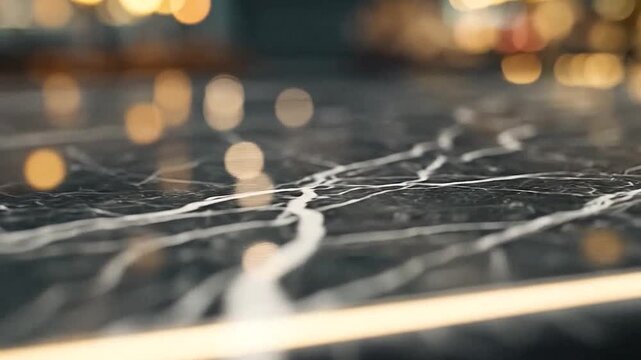 Empty black marble countertop with a blurred luxury bar background